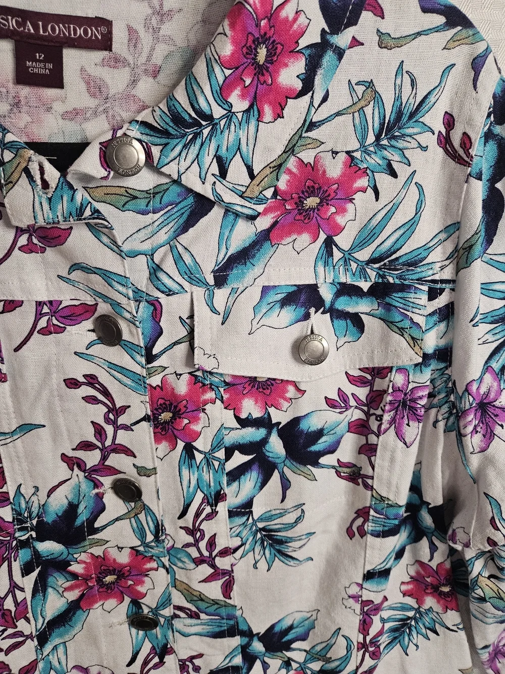 Jessica London Women's White Floral Print Jacket Linen Rayon Blend Size 12